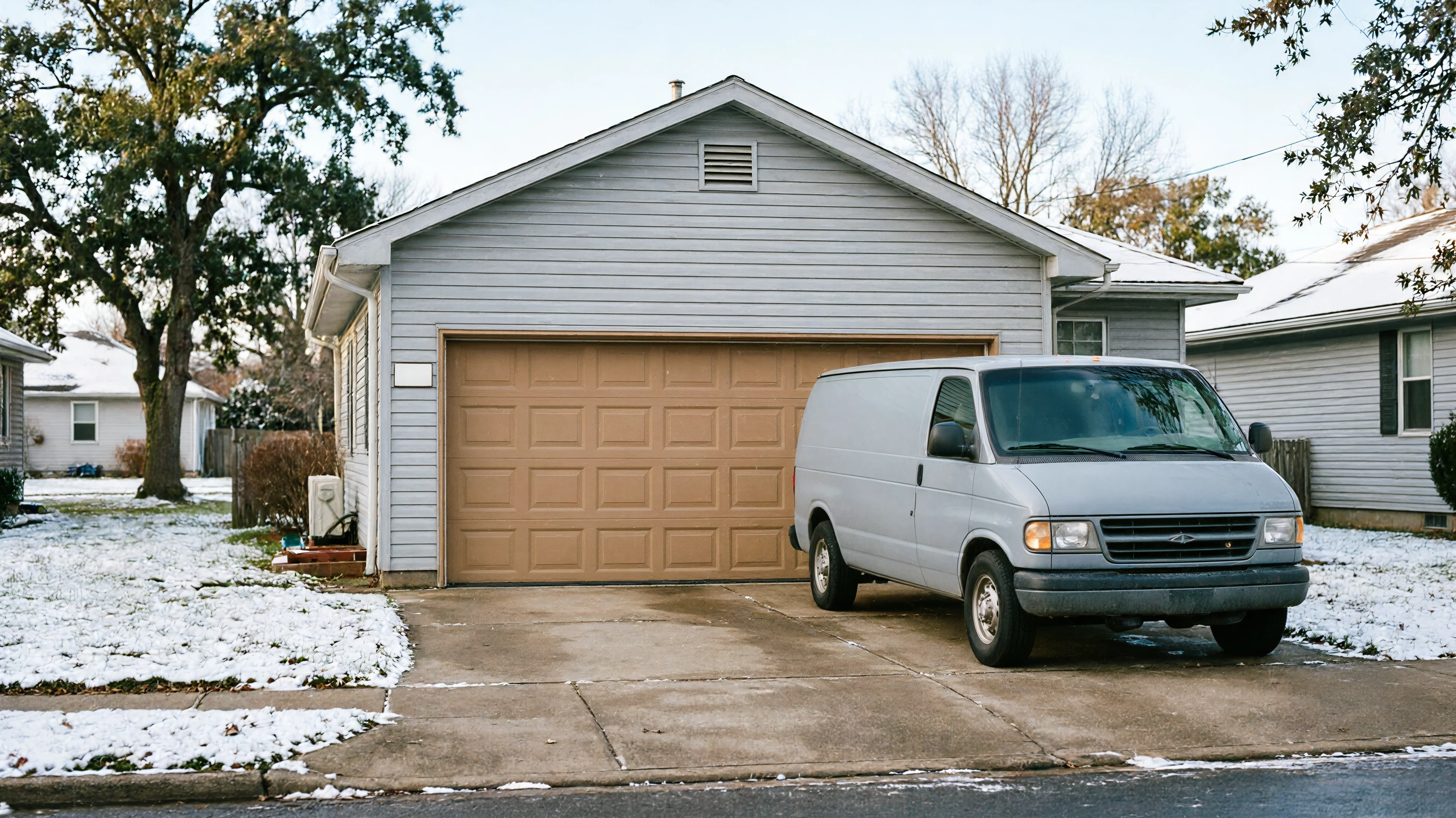 A gray van is parked in a driveway in front of a brown garage door.